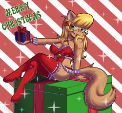 anthro blonde_hair callie_briggs caramel-kitteh christmas christmas_outfit female glasses solo stockings swat_kats tail