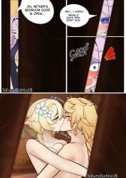 1boy 2girls aether_(genshin_impact) blush braid breast_press brother_and_sister citlali_(genshin_impact) cuckold cuckolding door earrings fangs french_kiss genshin_impact hair hug incest incest_(lore) kissing kurodahlia18 long_hair looking_through_door lumine_(genshin_impact) moaning peeping short_hair sibling_incest siblings twincest twins