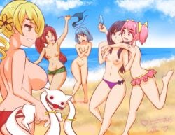 5girls akemi_homura bikini breasts caffeccino embarrassed female female_only food gagged hug human ice_cream madoka_kaname mahou_shoujo_madoka_magica miki_sayaka multiple_girls ocean pussy sakura_kyouko sand shy swimsuit tomoe_mami topless water yuri