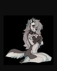 2d 2d_(artwork) anthro black_background canine collar covered_nipples covering_breasts embarrassed embarrassed_expression embarrassed_female embarrassed_nude_female furry furry_female furry_only helluva_boss loona_(helluva_boss) naked naked_female nervous nude nude_female on_the_floor on_the_ground spiked_collar tail
