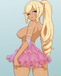 olivia_monroe virtual_youtuber indie_virtual_youtuber teasing_viewer teasing looking_at_viewer looking_back tongue_out big_breasts topless pixel_art nipples tanned_skin tanned_female blonde_hair blonde_female partially_clothed ponytail ass_lift touching_ass astridson