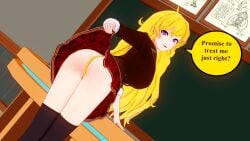 1girls 3d arm_support ass beacon_academy_uniform bent_over big_ass big_breasts blonde_hair busty come_hither dialogue english_text invitation inviting koikatsu large_breasts legs lifted_by_self long_hair looking_at_viewer open_mouth perfect_idiot purple_eyes purple_hair rwby school_uniform schoolgirl schoolgirl_uniform sideboob skirt skirt_lift smile speech_bubble thighhighs thighs thong tongue yang_xiao_long