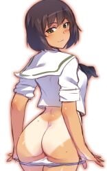 1girls ass bare_ass em_(totsuzen_no_hakike) from_behind looking_at_viewer panties_down presenting_ass school_uniform short_hair sketch smile solo white_background