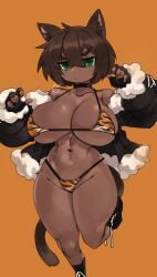 1girls 2022 barely_contained belly_button breasts brown_hair brown_skin cat_ears cat_tail catgirl dark-skinned_female dark_skin female female_only green_eyes hips huge_breasts jacket kemonomimi open_jacket orange_background original original_character pose short_hair simple_background slim_waist tail thick_thighs thighs tiger_print tiger_print_bikini unamused wide_hips zanamaoria