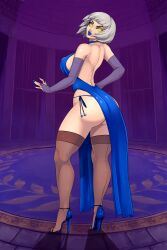 big_breasts blue_dress blue_heels blue_lipstick blue_makeup blue_nails dress eirhjien elbow_gloves elizabeth_(persona) evening_gown glowing_eyes heels nipple_bulge persona persona_3 seductive sideboob stockings thick_thighs white_hair yellow_eyes