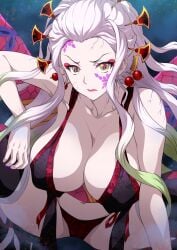 1girls big_breasts cleavage daki_(kimetsu_no_yaiba) demon_girl demon_slayer eyeshadow facial_markings female female_only frown gradient_hair hair_ornament hanging_breasts huge_breasts joy_ride kimetsu_no_yaiba lingerie long_hair looking_at_viewer nail_polish nipple_bulge pale-skinned_female pale_skin purple_nails red_lipstick solo spread_legs thighhighs two_tone_hair veins white_hair