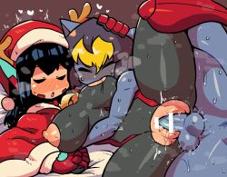 1boy 1girls alien alien_boy anus areolae asta_(crap_man) asta_rindo balls black_hair blue_skin blush bodily_fluids bodysuit breast_sucking breasts caress censor_bar censored christmas christmas_headwear closed_eyes crap-man female grey_hair hand_on_another's_head heart hugging leg_up light-skinned_female light_skin lying lying_on_back male mob_face neri_(crap_man) nipples penetration penis sex sweat thick_thighs torn_bodysuit twitching vaginal_penetration very_high_resolution wholesome yellow_highlights