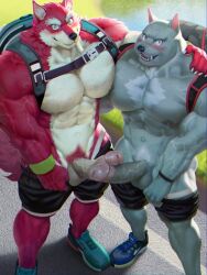 2boys 5_fingers abs anthro arm_around_shoulders back_muscles backpack balls biceps big_muscles big_pecs big_penis black_nose blush blush_lines bottomwear bottomwear_down canid canine canis chromatic_aberration clothed clothing countershade_torso countershading detailed duo erection fingers footwear frottage fur gay genitals grey_body grey_fur hi_res incest looking_at_viewer male male/male male_only mammal muscular muscular_anthro muscular_male muscular_thighs navel nephew nipples open_mouth outside partially_clothed pecs penis penis_on_penis pubes quads raccoon21 red_body red_eyes red_fur sex sharp_teeth shirtless shoes shorts shorts_down smile standing tan_body tan_fur teeth topless uncle uncle_and_nephew v-cut vein veiny_muscles veiny_penis wolf wristband yaoi yellow_eyes