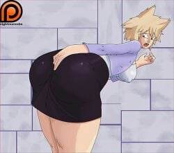 1girls 2021 alley ass ass_in_dress big_ass big_breasts black_eyes black_skirt blonde_hair bubble_ass bubble_butt female female_focus female_only hand_on_ass huge_ass looking_back looking_pleasured medium_hair mitsuki_bakugou my_hero_academia nightmarexbx nipples open_mouth purple_jacket skirt thick_thighs