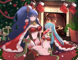 2girls alternate_costume antlers bell black_gloves blue_hair blurry blurry_background blush boots bow box braid breasts bridal_gauntlets cape chimney christmas christmas_lights christmas_ornaments christmas_outfit christmas_tree cleavage cosplay covering_mouth eirika_(fire_emblem) embarrassed fake_antlers female_only fire_emblem fire_emblem:_the_sacred_stones fire_emblem_awakening fire_emblem_heroes firewood fur_trim gift gift_box gloves highres indoors juneplums knee_boots large_breasts long_hair looking_at_viewer medium_breasts merry_christmas midriff multiple_girls navel nintendo panties red_cape red_panties reindeer_antlers revealing_clothes santa_costume side_braids tana_(fire_emblem) tharja_(fire_emblem)_(cosplay) thighhighs twin_braids very_long_hair