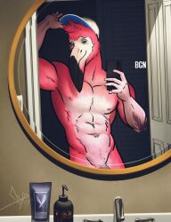 abs anthro avian barely_visible_genitalia barely_visible_penis bathroom bedroom_eyes bgn bird cellphone clothing doorway dylan_(bgn) flamingo genitals hat headgear headwear hi_res holding_clothing holding_hat holding_headgear holding_headwear holding_object looking_at_viewer male mirror mirror_selfie muscular muscular_anthro muscular_male narrowed_eyes nipples nude pecs penis penis_base phone pink_body pose reflection seductive selfie smile solo white_body