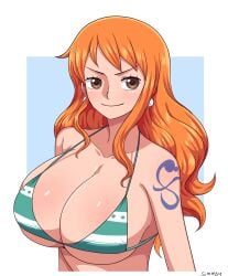 1girls 2022 artist_signature barely_contained bikini bikini_top breasts brown_eyes bust_portrait cleavage female female_only huge_breasts long_hair nami one_piece orange_hair shoulder_tattoo shounen_jump simmsy simple_background smile solo solo_female striped_bikini tattoo