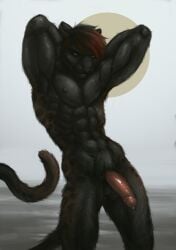 anthro athiesh bodily_fluids dripping erection felid flexing genital_fluids genitals hi_res jaguar male mammal muscular pantherine penis precum precum_drip presenting presenting_penis solo tayen