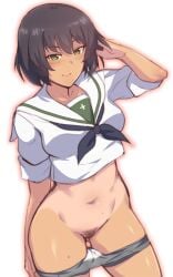 1girls em_(totsuzen_no_hakike) female female_only girls_und_panzer hoshino_(girls_und_panzer) large_breasts medium_breasts panties_down pubic_hair school_uniform short_hair solo standing tanline white_background