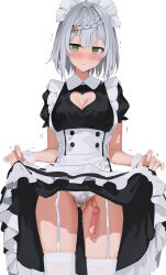 1girls absurdres apron bangs black_dress blush braid braided_bangs breasts clothes_lift dress dress_lift female genshin_impact green_eyes grey_hair highres large_breasts light-skinned_female light_skin looking_at_viewer maid_headdress noelle_(genshin_impact) panties puffy_short_sleeves puffy_sleeves pussy_juice pussy_juice_drip pussy_juice_string pussy_juice_trail sex_toy short_hair short_sleeves thick_thighs thighhighs thighs underwear vibrator white_apron white_legwear white_panties xkirara39x