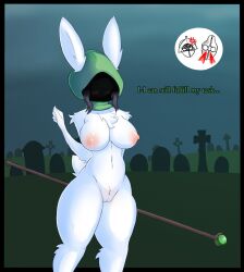 anthro big_breasts breasts dialogue english_text female genitals ghostbun graveyard hi_res hood lagomorph leporid mammal nipples nude outside pussy rabbit solo staff text video_games