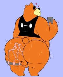 2022 anal anal_masturbation angusart animal_crossing anthro ass balls big_butt bodily_fluids butt_focus closed_eyes clothing genitals heart hi_res huge_ass huge_butt male male_only mammal masturbation nintendo orange_body overweight overweight_male penis shirt simple_background solo superchub sweat teddy_(animal_crossing) topwear ursid video_games