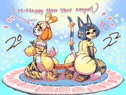 2022 2girls anal anal_sex animal_crossing ankha ankha_(animal_crossing) anthro big_breasts breasts dildo double_dildo female female_focus female_only haloluli isabelle_(animal_crossing) looking_at_viewer multiple_girls nintendo nipples sex_toy wide_hips year_of_the_tiger yuri