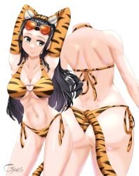 1girls absurdres animal_ears animal_print arms_up ass ass_visible_through_thighs back bare_shoulders bikini black_eyes breasts cjhomics cleavage elbow_gloves fake_animal_ears fake_tail female female_only gloves heart highres large_breasts long_hair multiple_views navel nico_robin one_piece side-tie_bikini simple_background smile solo sunglasses sunglasses_on_head swimsuit tail tiger_ears tiger_print tiger_tail white_background year_of_the_tiger