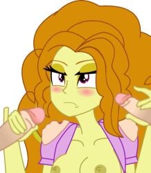 adagio_dazzle breasts character color colored commission double_handjob equestria_girls female friendship_is_magic handjob looking_at_another looking_up my_little_pony nude orange_hair partial_male penis purple_eyes purple_t-shirt tagme tiarawhy transparent_background yellow_skin