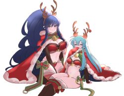 2girls alternate_costume antlers bell black_gloves blue_hair blush boots bow box braid breasts bridal_gauntlets cape christmas christmas_lights cleavage cosplay covering_mouth eirika_(fire_emblem) embarrassed fake_antlers female_only fire_emblem fire_emblem:_the_sacred_stones fire_emblem_awakening fire_emblem_heroes fur_trim gloves highres juneplums knee_boots large_breasts long_hair looking_at_viewer medium_breasts merry_christmas midriff multiple_girls navel nintendo panties red_cape red_panties reindeer_antlers revealing_clothes santa_costume side_braids simple_background tana_(fire_emblem) tharja_(fire_emblem)_(cosplay) thighhighs twin_braids very_long_hair white_background