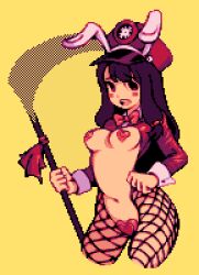 1girls breasts bunny_ears bunnysuit clothed clothing embarrassed female female_only fishnets heart_pasties human junopixels light-skinned_female light_skin mostly_nude pale_skin pasties pixel_art red_heart_pasties red_pasties restricted_palette reverse_bunnysuit scythe solo solo_female