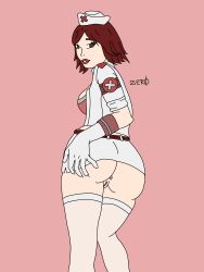 artist_name ass ass_grab breasts brown_eyes dat_ass free_fire garena gloves hand_on_ass looking_at_viewer looking_back nurse nurse_cap olivia_(free_fire) pussy pussy_juice red_hair red_lipstick simple_background skirt skirt_up thighhighs zzerotic