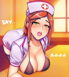 1girls bent_over big_breasts blush blushing_at_viewer braid breasts cassie_(paladins) cleavage dialogue english_text eye_contact female female_only green_eyes hi-rez_studios ikkimay large_breasts light-skinned_female light_skin looking_at_viewer nurse nurse_cap nurse_uniform open_mouth paladins pov pov_eye_contact red_hair seductive skindentation solo solo_female tagme text thighhighs