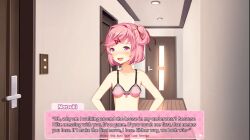 1girls a_month_with_natsuki blush bra bra_strap ddlc_text_box doki_doki_literature_club english_text female female_only looking_at_viewer natsuki_(doki_doki_literature_club) open_mouth pink_eyes pink_hair solo text the_bike underwear