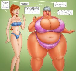 2girls ben_10 ben_10_ultimate_alien ben_tennyson bikini english_text fat fat_woman female_only gender_transformation gilf gwen_tennyson gwen_tennyson_(ultimate_alien) huge_belly huge_breasts multiple_girls old_woman rule_63 saturnxart text