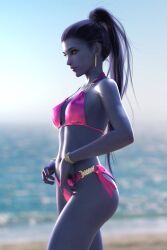 1girls 3d 3d_(artwork) beach bikini blizzard_entertainment blue_hair blue_skin bracelet butt covered_breasts earrings erotic-3d-art female female_only flat_belly long_hair necklace overwatch pink_bikini ponytail pose realistic seductive_pose sevenbees slim slim_girl slim_waist solo solo_female standing swimwear tagme widowmaker yellow_eyes