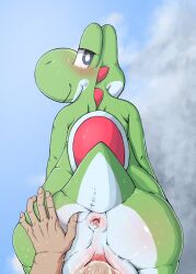 1boy 1girls anal_juice anus anus_peek ass blue_eyes blue_hair blush crying crying_with_eyes_open cum cum_in_ass cum_inside female green_body human human_on_anthro human_penetrating interspecies lass_(artist) looking_at_viewer looking_back male male/female male_penetrating male_penetrating_anthro male_penetrating_female mario_(series) penis pussy pussy_juice shell sweat tail white_body yoshi