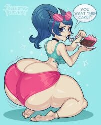 anklet ass barefoot blue_eyes blue_hair breasts cake choker eating eyewear_on_head female food huge_ass jewelry ponytail solo sunglasses thick_thighs wide_hips