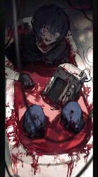 1boy bandages bath black_gloves blood blood_on_bandages blood_on_clothes blood_on_hands blue_hair denim gloves happy highres horns horror_(theme) imminent_suicide jeans looking_at_viewer male open_mouth original pants pink_eyes sebone_long shirt short_hair t-shirt tile_floor tiles toaster wire