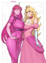 2d 2girls absurdres adventure_time bare_shoulders blonde_hair blue_eyes breast_press breasts brooch cleavage color_connection colored_skin covered_navel crossover crown dress earrings eastern_and_western_character eyelashes female female_only full_color fully_clothed gloves hand_on_own_hip highres jewelry kushb lace large_breasts long_dress long_hair mario_(series) mini_crown multiple_girls no_penetration off-shoulder_dress off_shoulder parted_lips pink_dress pink_eyes pink_hair pink_skin princess_bubblegum princess_peach sphere_earrings straight_hair super_mushroom symmetrical_docking tiara tight_clothes tight_dress trait_connection very_long_hair wavy_hair white_gloves