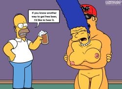 1girls 20th_century_fox 20th_century_studios 2boys alcohol arms_crossed artist_name bald bald_male beer beer_mug big_breasts blue_hair blue_pants breasts cheating cheating_wife closed_eyes clothed clothed_male_nude_female clothed_male_nude_male clothing cuckold dialogue duffman eyelashes female glasses hat holding_beer_mug homer_simpson human human_on_human indoors lockandlewd looking_at_another male male/female mammal marge_simpson mature mature_female mature_male nipples nude nude_female nude_male open_mouth penis_in_pussy red_hat sex shirt straight straight_sex sunglasses text text_box text_bubble the_simpsons white_shirt yellow_skin