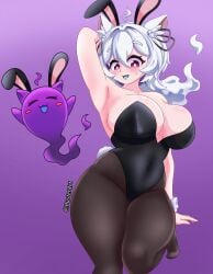 1girls ^o^ animal_ears arm_behind_head bare_shoulders big_breasts black_ribbon blue_tongue blush blush breasts brown_pantyhose bunny_ears bunny_tail bunnysuit buster-art clothed covered_navel curvy curvy_female curvy_figure easter fake_animal_ears fake_ears fake_rabbit_ears fake_tail female female_focus female_only fox_ears front_view ghost hair_between_eyes hips hispanic_virtual_youtuber kemonomimi latam_virtual_youtuber light-skinned_female light_skin long_hair looking_down open_mouth pantyhose pink_eyes playboy_bunny pookyboo purple_background purple_ghost ribbons simple_background standing standing_on_one_leg sweat sweatdrop thick_thighs thighs twitch.tv virtual_youtuber vtuber vtuberfanart white_ears white_hair white_wristband wide_hips wristband
