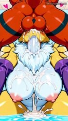 1boy 1girls ai_generated animal_ears anthro anthro_on_anthro anthro_penetrated anthro_penetrating anthro_penetrating_anthro balls bath bathhouse big_balls big_breasts big_penis black_sclera blowjob blue_eyes blush breasts claws cum_drip cum_facial cum_in_mouth cum_inside cum_on_breasts cum_on_face curvy curvy_female curvy_figure deepthroat digimon digimon_(species) dinosaur excessive_cum face_fucking fellatio female fox fox_girl furry furry_ears furry_female gloves guilmon heart heart-shaped_pupils irrumatio jscammie kneeling kneeling_oral_position kneeling_position male male/female oral oral_sex penis red_skin renamon reptile sword_swallowing_position throat_bulge throat_fuck throat_fucking thrusting thrusting_into_mouth water yellow_body yellow_fur