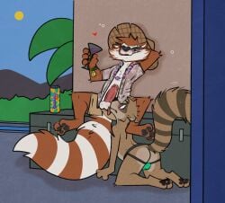 anthro arched_back ass ass_visible ball_lick ball_worship balls blush buzzed cartoon_network clothing dominant dominant_male drinking duo embarrassed erection gay genitals guardians_of_the_galaxy hi_res jockstrap kneeling licking male male/male marvel oral oral_only outdoor_nudity outside_sex paws regular_show rigby_(regular_show) rocket_raccoon rotten_robbie sex submissive submissive_male tongue underwear undressing