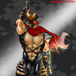 1boy abs arms_up balls_in_bodysuit balls_outline bara bulge color cosplay crimsonblood defined_muscles eight_pack fishnet fishnet_bodysuit fishnets helmet holding_object huge_pecs human human_only male male_chest male_nipples male_only male_pubic_hair manly mask masked muscle muscles muscular_male ninjask ninjask_(cosplay) nintendo pecs penis_bulge penis_in_bodysuit pokemon pokemon_(cosplay) six_pack smooth_skinned_male solo sword tight_bodysuit tight_clothing