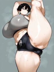 ai_generated bare_thighs black_eyes black_hair dolphin_shorts gigantic_breasts huge_breasts huge_thighs light-skinned_female light_skin massive_breasts mature_female milf oatmealdood oiled_body oiled_skin original puffy_pussy short_hair solo_female squatting stretching sweat sweatdrop tank_top thick_body thick_female thick_thighs thighhighs thighs tomboy voluptuous voluptuous_female