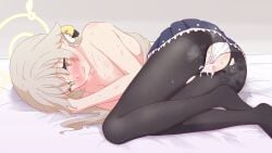 after_sex bed_sheet black_pantyhose blue_archive blue_skirt blush breasts breath bright_pupils brown_eyes brown_hair censored collarbone commentary_request convenient_arm cum cum_in_pussy female frilled_skirt frills gradient_background grey_background hair_between_eyes hair_ornament halo heart heart-shaped_pupils hifumi_(blue_archive) highres kyousuke_(orcein) long_hair looking_at_viewer low_twintails lying mosaic_censoring no_shoes on_bed on_side open_mouth panties pantyhose pleated_skirt shadow skirt small_breasts solo sweat symbol-shaped_pupils topless_female torn_clothes torn_pantyhose twintails underwear white_panties wing_hair_ornament yellow_halo