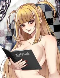 1girls beneceadraws blonde_hair blush book book_covering_breasts breasts breasts_out brown_hair covering_breasts death_note kinky meme misa_amane naked naked_female nude nude_female painted_nails red_nails solo solo_female solo_focus