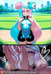 1boy 1girls 2koma ai ai_generated bedroom_eyes big_breasts big_dick big_penis blowjob blush breasts clothing english eyes female feminine feminine_body feminine_pose heart huge_breasts huge_cock iono_(pokemon) large_breasts large_dick large_penis long_hair male navel nipples open_mouth patreon patreon_username penis pokemon pokemon_sv pussy pussy_lips sexy slender straight sucking sucking_penis sweat teeth text thick_thighs thighhighs thighs tongue tongue_out uncensored wet yukinyami