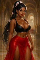 1girls acrylic_nails ai_generated big_ass big_breasts bimbo black_blouse black_bra black_hair blouse bra breasts brown_eyes brown_skin castle curvy dark-skinned_female earrings female flower_in_hair flowers golden_earrings hairband hourglass_figure india indian indian_clothes indian_female lipstick long_hair long_skirt muscular muscular_female nail_polish oc original_character palace ponytail red_lipstick red_skirt ring skirt slutty_clothes toned wide_hips