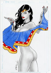 artist_signature ass big_breasts black_hair blue_eyes breasts dc_comics female female_only holding_object human long_hair looking_aside looking_at_viewer mostly_nude rubismar_da_costa side_view simple_background smile solo spot_color standing tagme white_background wonder_woman wonder_woman_(series)