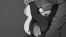 1boy 1girls arms_behind_head black_and_white hi_res holding_legs holding_legs_up imp_midna legs_together legs_up medium_breasts midna monochrome nintendo one_eye_obstructed open_mouth purpleflamensfw shortstack shortstack_female size_difference the_legend_of_zelda toned_male tongue tongue_out vaginal_penetration
