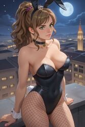 ai_generated black_bunnysuit bunny_ears bunny_girl bunny_tail bunnysuit choker female fishnet_pantyhose harry_potter hermione_granger night playboy_bunny ponytail rooftop