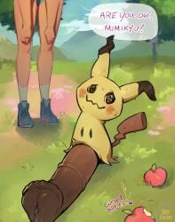absurd_res animal_genitalia animal_penis apple bodily_fluids dialogue duo equid equine equine_genitalia equine_penis female feral flared_penis food fruit generation_7_pokemon genital_fluids genitals hi_res horsecock male male/female mammal mimikyu nintendo penis plant pokemon pokemon_(species) pokemon_trainer precum speech_bubble supersquishy sweat sweatdrop
