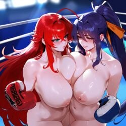 2girls ai_generated akeno_himejima breast_press breast_to_breast curvy_female erect_nipples females_only girlfriends high_school_dxd huge_areolae huge_ass huge_breasts lesbian_couple lesbians_naked looking_at_each_other naked_girls racerai rias_gremory rias_x_akeno shaved_pussy thick_thighs voluptuous_female wide_hipped_female wife_and_wife yuri yuri yuri